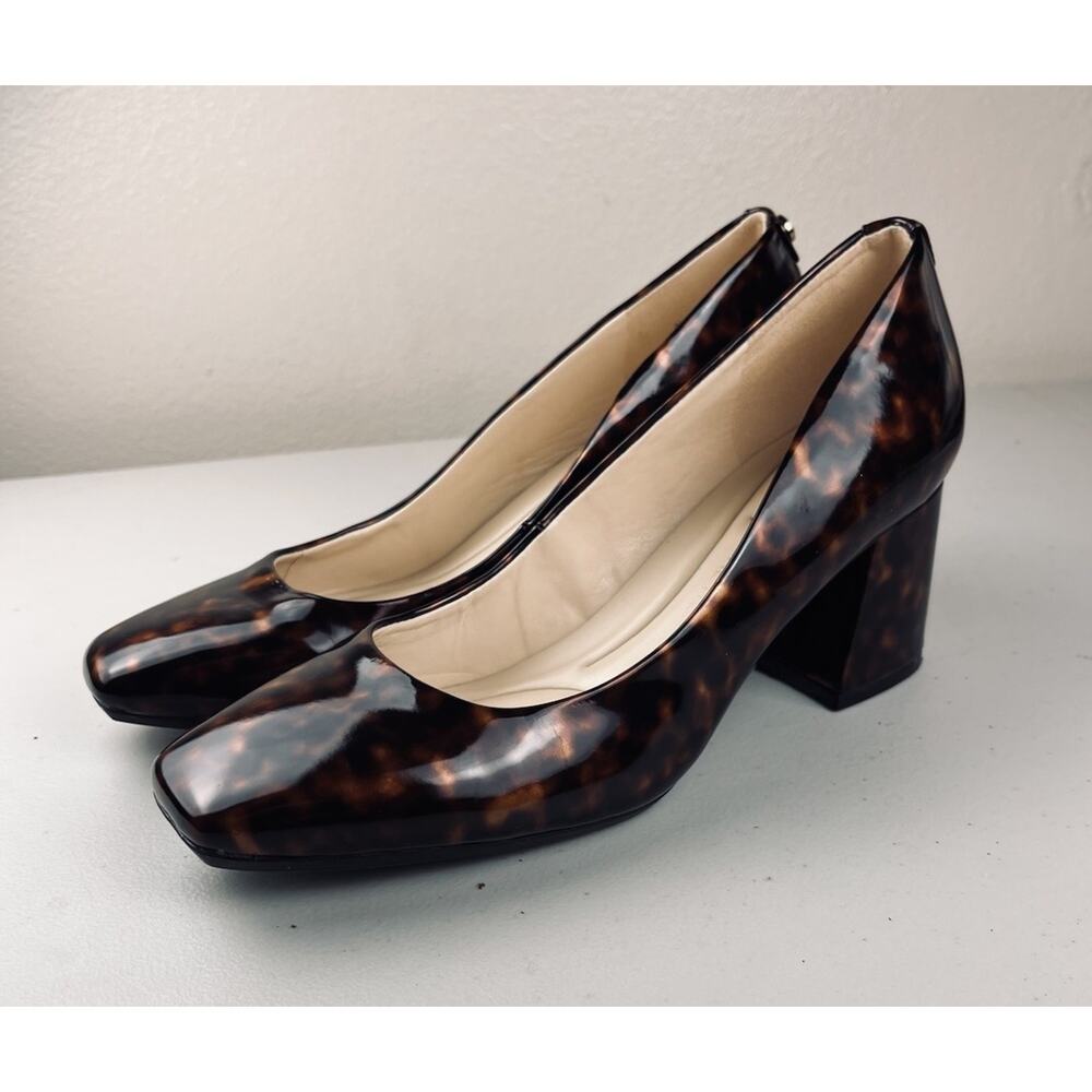 Women’s Tortoise Shell Block Heel Pumps Square Toe Patent Look Size 8
